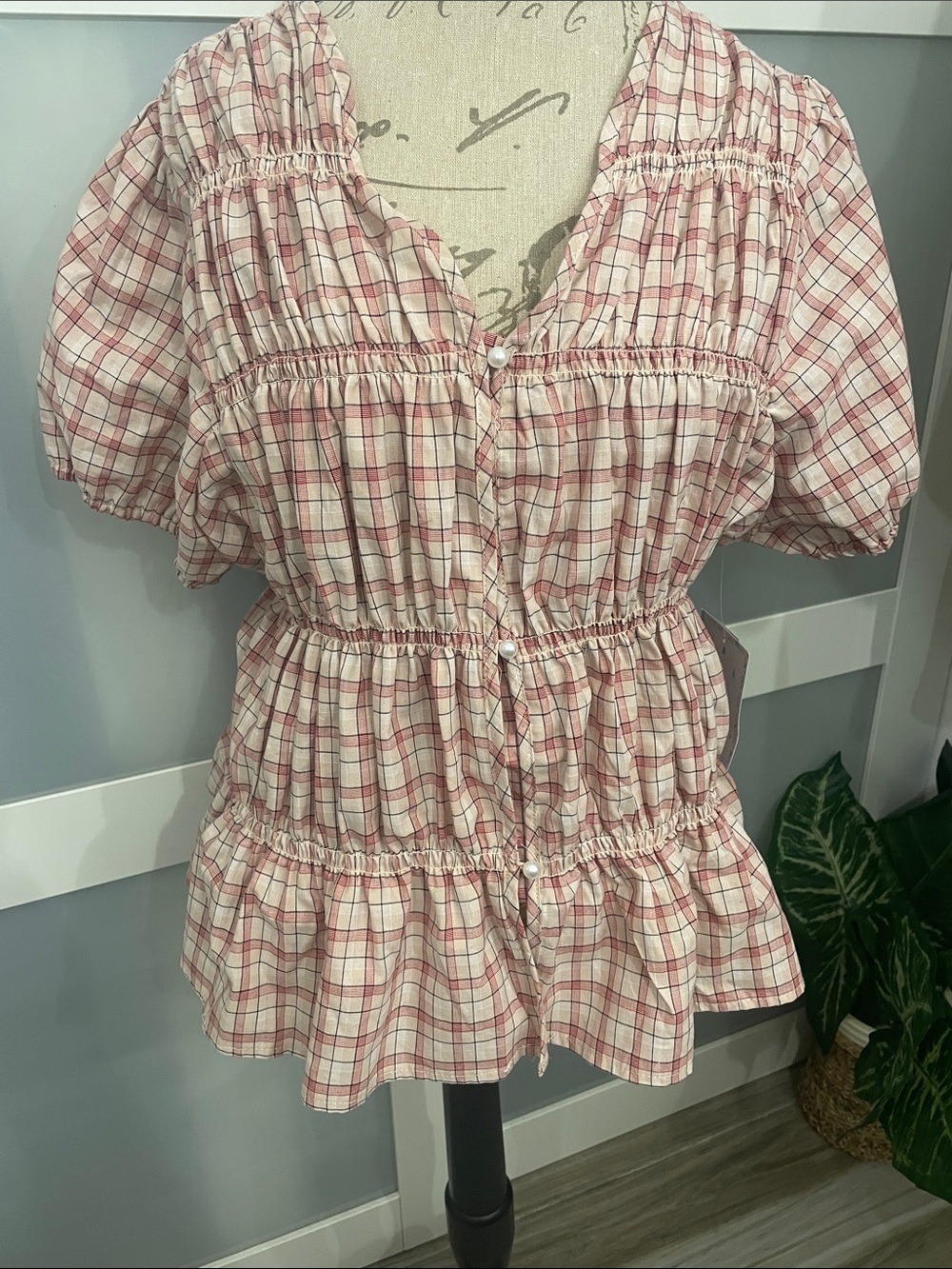 Sweet Rain Cream and Pink Plaid Peplum Button-Front Blouse